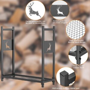 Mr IRONSTONE 4ft Firewood Rack, Outdoor Wood Rack for Firewood Storage Racks, with Hollow Craft Deer Pattern & Iron Grid for Hold Logs of Various Sizes, Heavy Duty Log Storage Bin Indoor for Fireplace