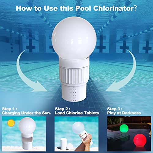 Pool Chlorine Floater, Spa Chemical Dispenser with Solar Ball Light, Floating Chlorine Dispenser Up to 4PCS 3inch Tablets, Pool Chlorinator Easy Open Basket, Bromine Holder for Hot Tub