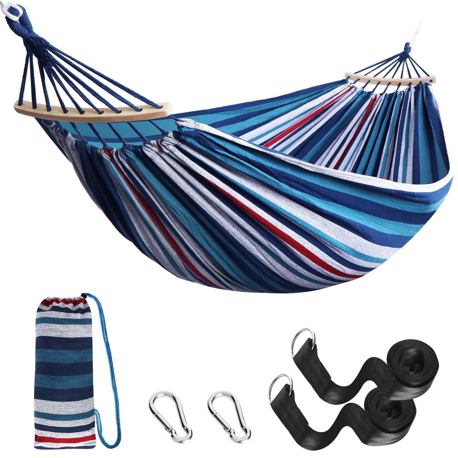 Anyoo Garden Cotton Hammock Comfortable Fabric Hammock with Spreader Bar Durable Hammock Up to 450lbs Portable Lightweight Hammock with Travel Bag,Perfect for Camping Outdoor/Indoor Patio Backyard