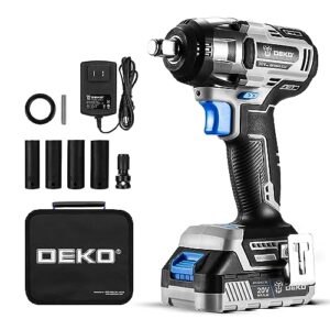 dekopro 20v cordless impact wrench, 1/2 inch chuck, 3200 rpm, 258 ft-lbs max torque, li-ion battery, fast charger, tool bag