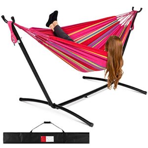 best choice products double hammock with steel stand, indoor outdoor brazilian-style cotton bed w/carrying bag, 2-person capacity - paradise