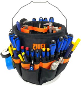 muel bucket tool organizer - 53 pocket bucket caddy for 5 gallon buckets - durable and waterproof bag