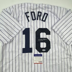 Autographed/Signed Whitey Ford New York Pinstripe Baseball Jersey PSA/DNA COA #3