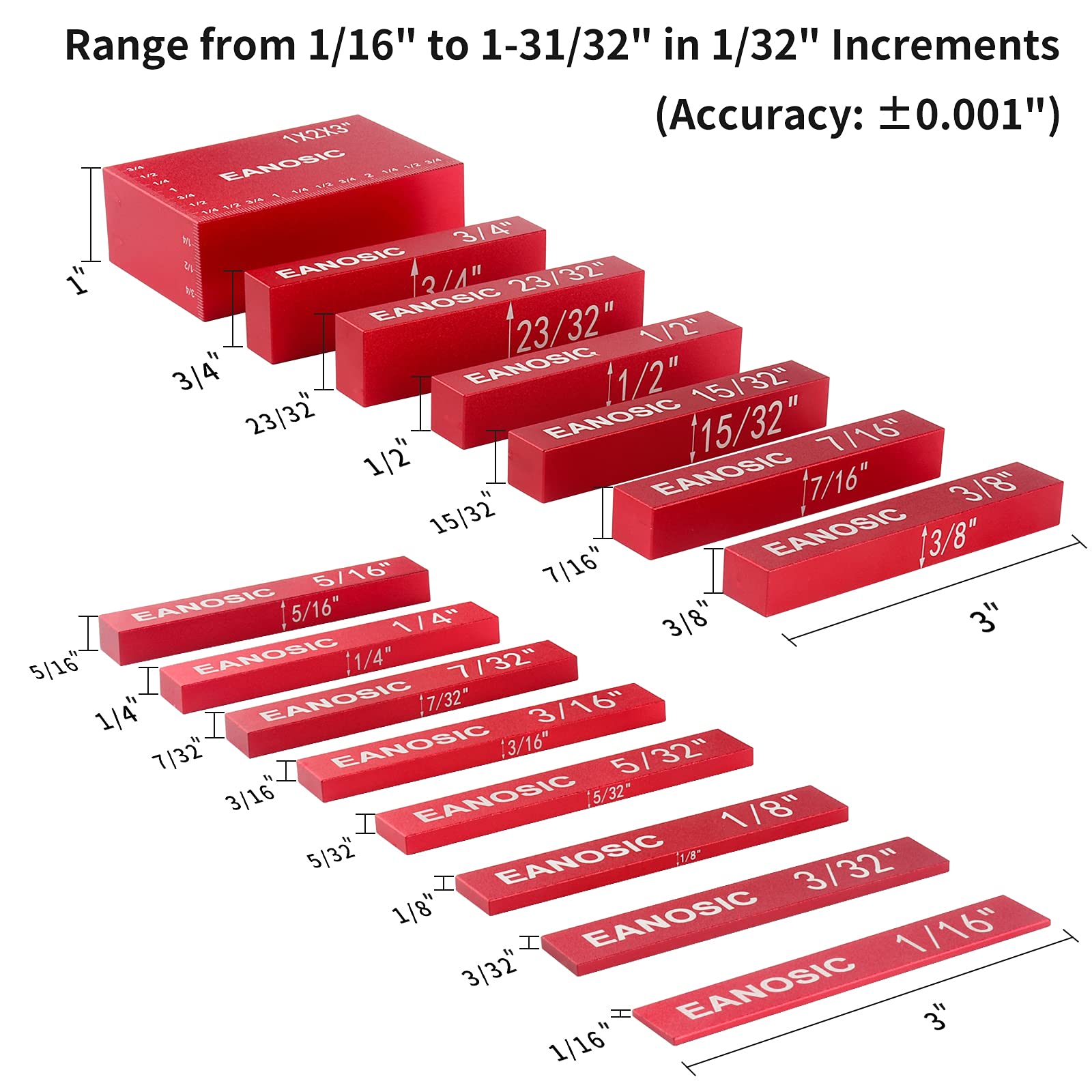 EANOSIC Setup Blocks Height Gauge Set, 15pcs Precision Aluminum Setup Bars for Router and Table Saw Accessories Woodworking Set Up, Bars Include Laser Engraved Size Markings