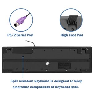 MCSaite Wired PS2 104 Keys Computer Keyboard with Stands,Black,Waterproof - US Layout Compatible for Windows, PC, Laptop