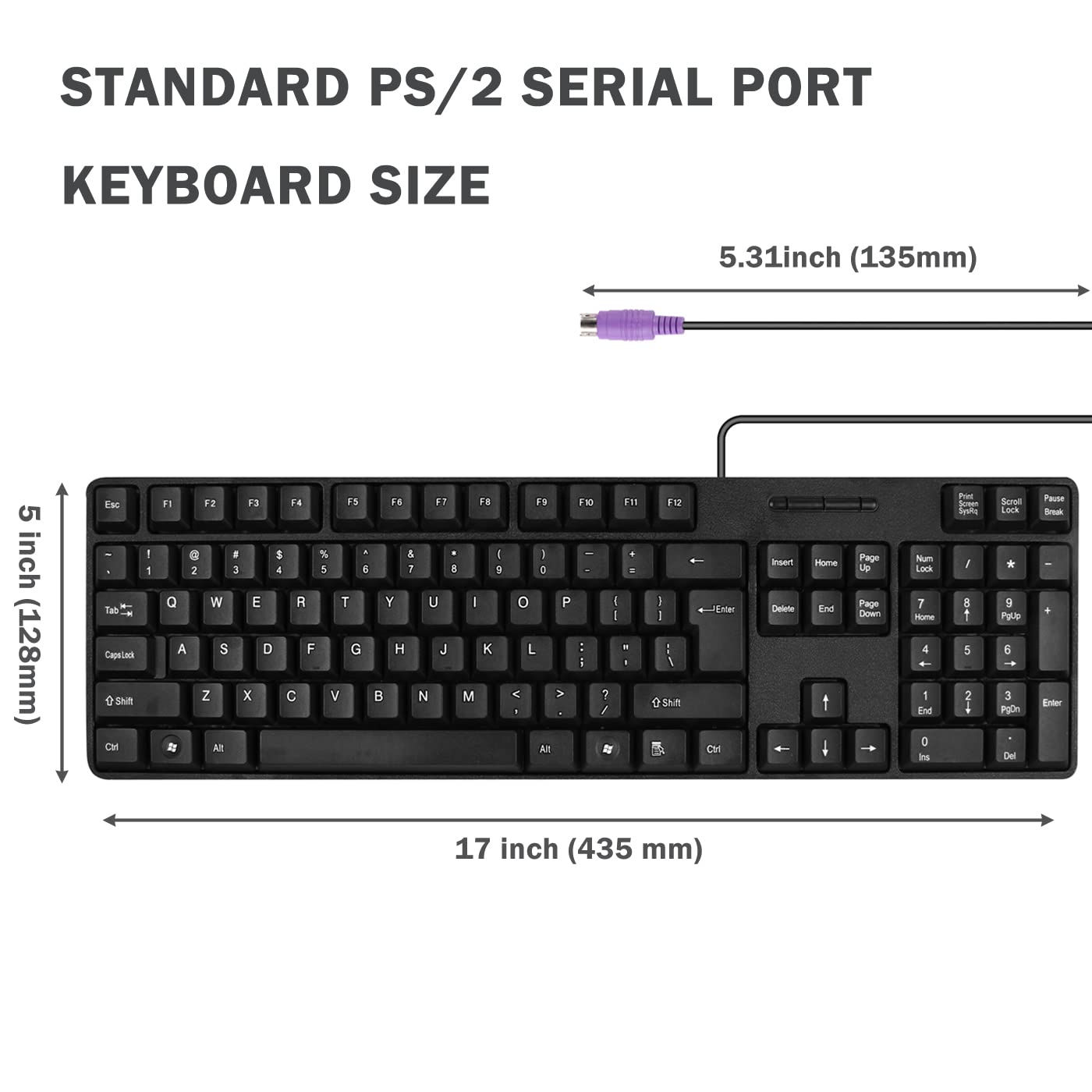 MCSaite Wired PS2 104 Keys Computer Keyboard with Stands,Black,Waterproof - US Layout Compatible for Windows, PC, Laptop