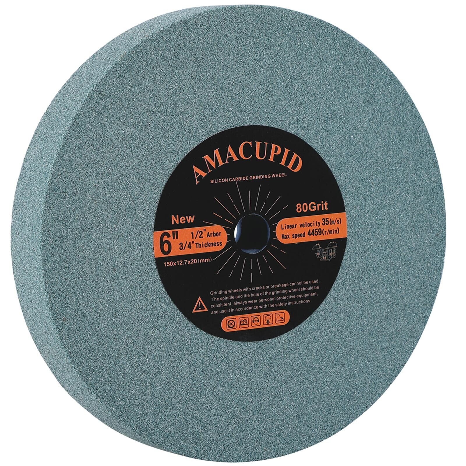 AmaCupid Bench Grinding Wheel 6 inch, for Sharpening Carbide Tools. Green Silicon Carbide Abrasive. 1/2 Inch Arbor, 3/4 inch Thickness,80 Grit