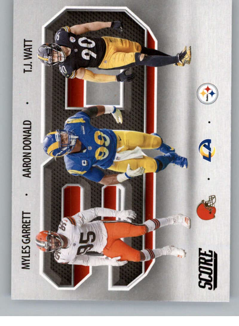 2021 Score 3D #9 Aaron Donald/Myles Garrett/T.J. Watt Los Angeles Rams/Cleveland Browns/Pittsburgh Steelers Official NFL Football Trading Card in Raw (NM or Better) Condition