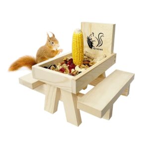 squirrel feeder for outside and garden, funny squirrel picnic table feeder with corn cobs holder and peanut tray, squirrel gifts for squirrel and chipmunk lovers, easy to install