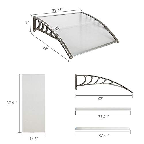 Flandre, Patio Door Window Awning Canopy, Polycarbonate Cover Front Door Outdoor Patio Awning Canopy UV Rain Snow Protection Hollow Sheet (40In x 32In, White CanopyGray Bracket), 40In x 32In, HT 100