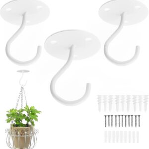 Ceiling Hooks for Hanging Plants - Metal Heavy Duty Wall Mounted Hangers for Hanging Bird Feeders, Planters, Wind Chimes, Include Professional Drywall Anchors (3-Pack (White)