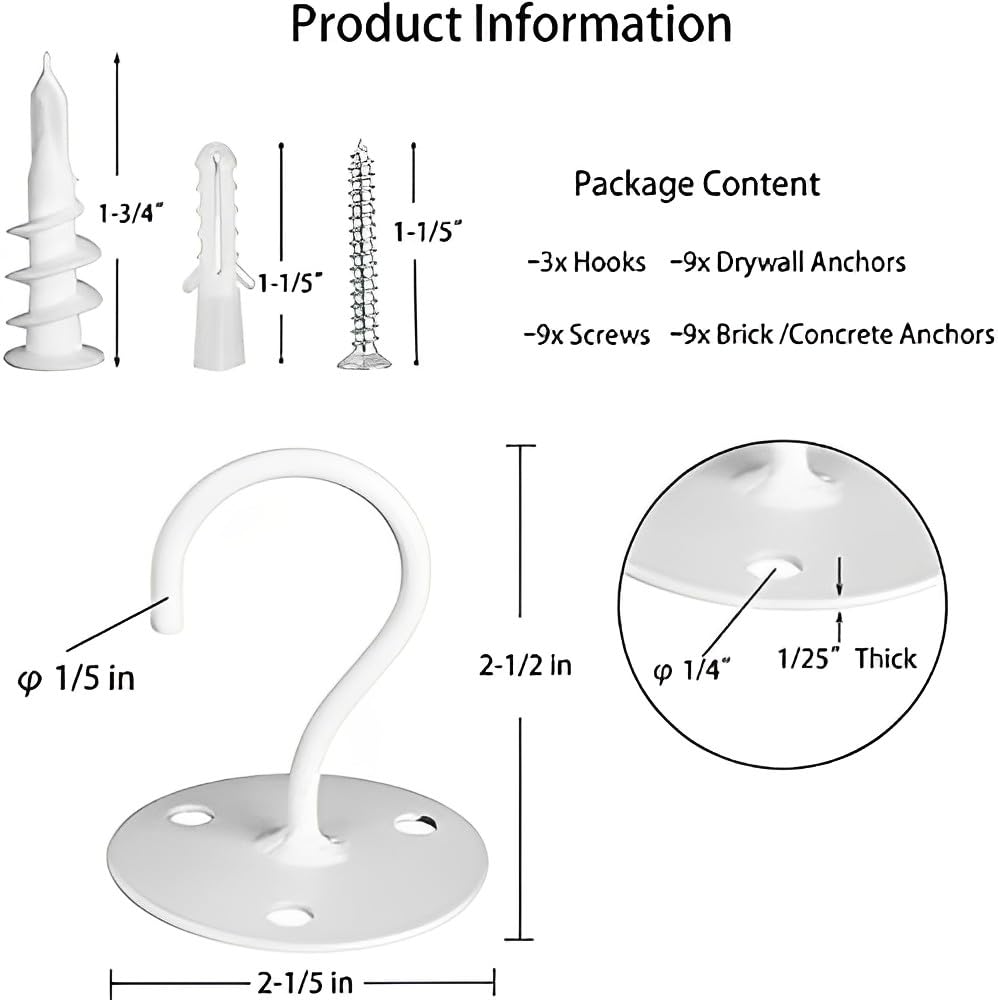 Ceiling Hooks for Hanging Plants - Metal Heavy Duty Wall Mounted Hangers for Hanging Bird Feeders, Planters, Wind Chimes, Include Professional Drywall Anchors (3-Pack (White)