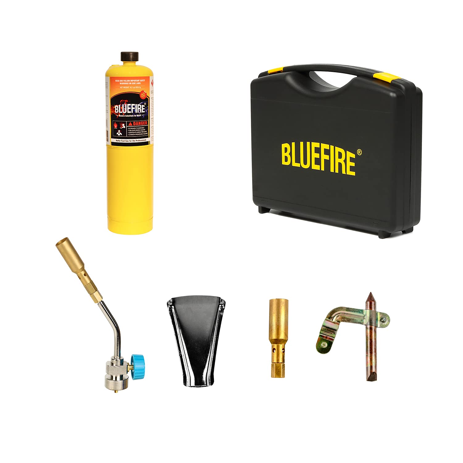 BLUEFIRE Solid Brass Pencil Flame Gas Welding Torch Head Nozzle Professional Upgrade Kit with MAPP All-Purpose Bundle with hard box interchangeable heads Fuel by MAP Pro Propane CGA 600 Cylinder
