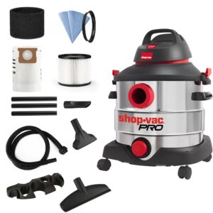 shop-vac 8 gallon 6.0 peak hp wet/dry vacuum, stainless steel tank, portable shop vacuum with multifunctional attachments for jobsite, garage & workshop. 5989400