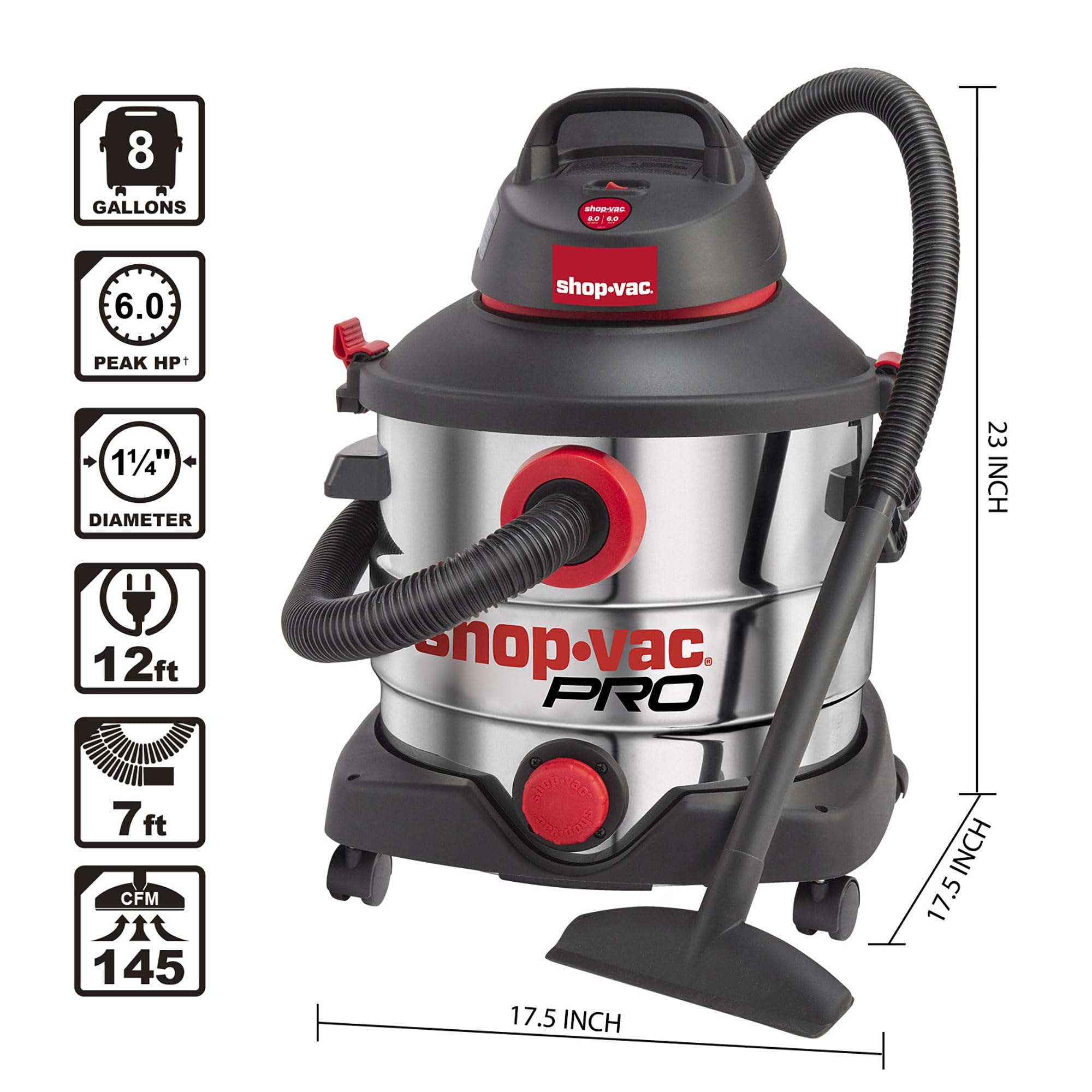 Shop-Vac 8 Gallon 6.0 Peak HP Wet/Dry Vacuum, Stainless Steel Tank, Portable Shop Vacuum with Multifunctional Attachments for Jobsite, Garage & Workshop. 5989400