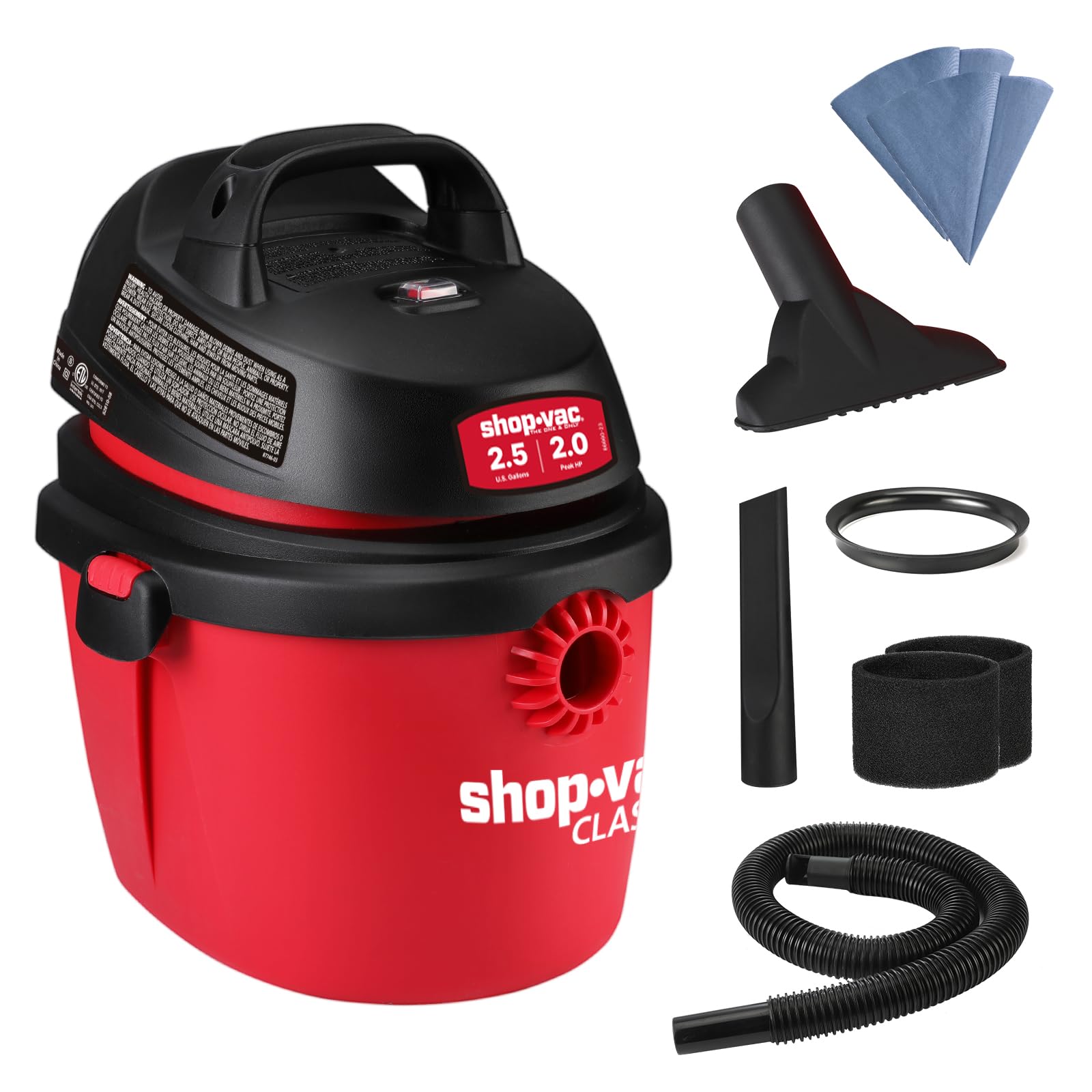 Shop-Vac 2.5 Gallon 2.0 Peak HP Wet/Dry Vacuum, Portable Compact Shop Vacuum with Top Handle, Wall Bracket & Attachments