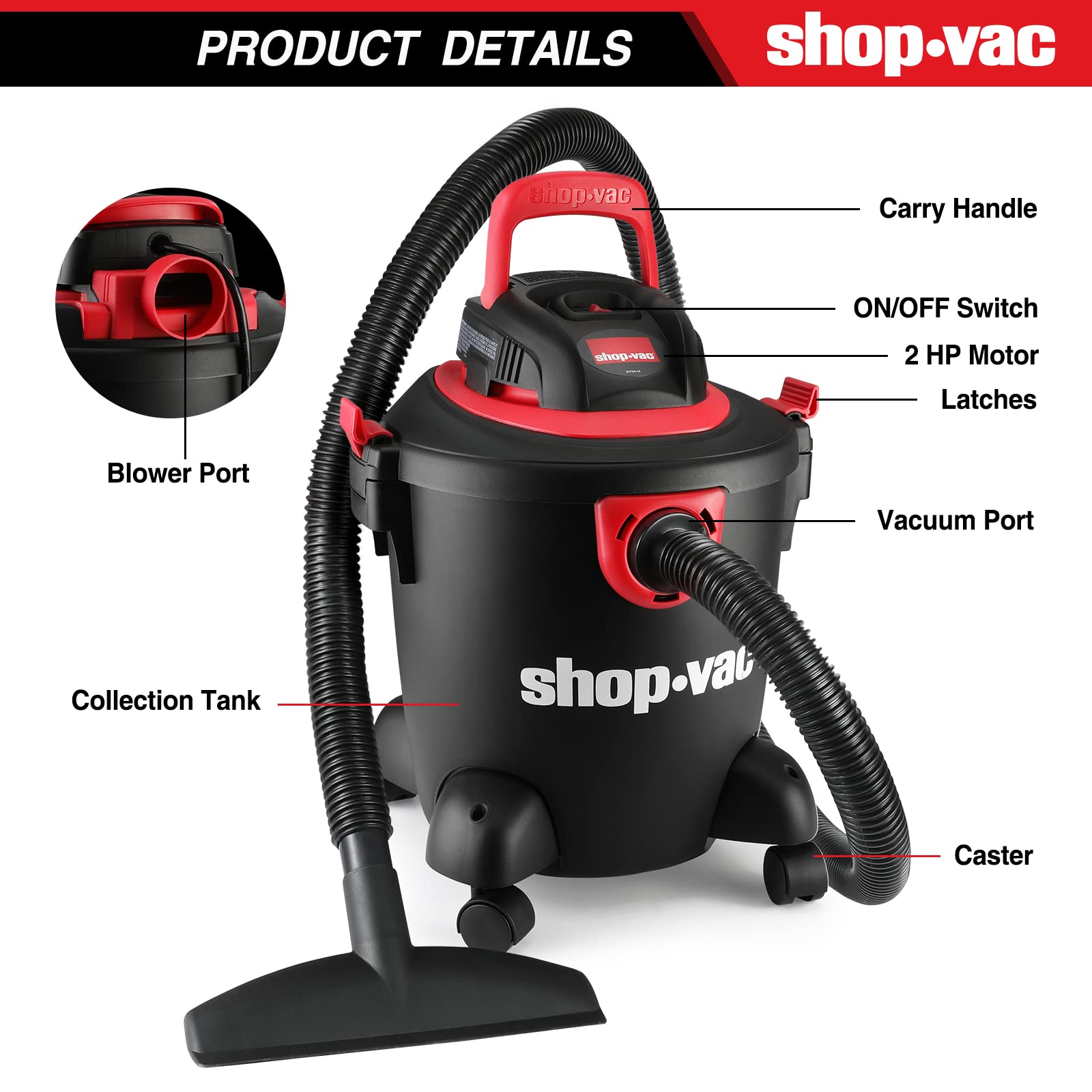 Shop-Vac 5 Gallon 2.0 Peak HP Wet/Dry Vacuum, Portable Compact Shop Vacuum with Collapsible Handle & Multifunction Attachments for Home, Jobsite, Garage, Car & Workshop. 2035000