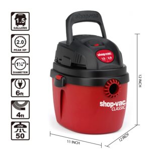 Shop-Vac 1.5 Gallon 2.0 Peak Wet Dry Vacuum, Portable Compact Shop Vacuum with Collapsible Handle Wall Bracket & Attachments, ‎2030100