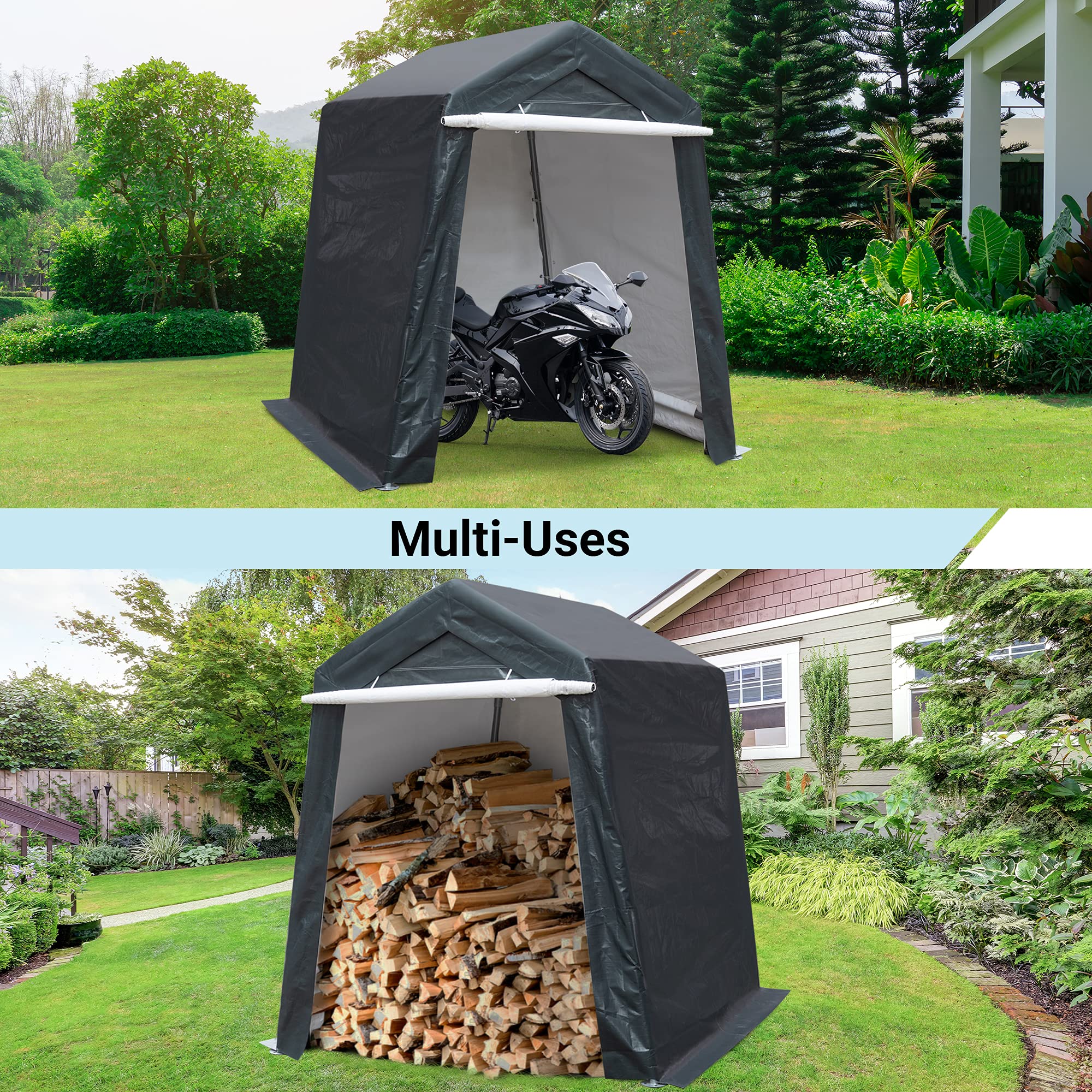 Laurel Canyon 6X6 Ft Portable Shed Storage Shelter Outdoor Carport Canopy with Detachable Roll-up Zipper Door Portable Garage Tent Kit for Motorcycle Gardening Vehicle ATV and Car, Gray