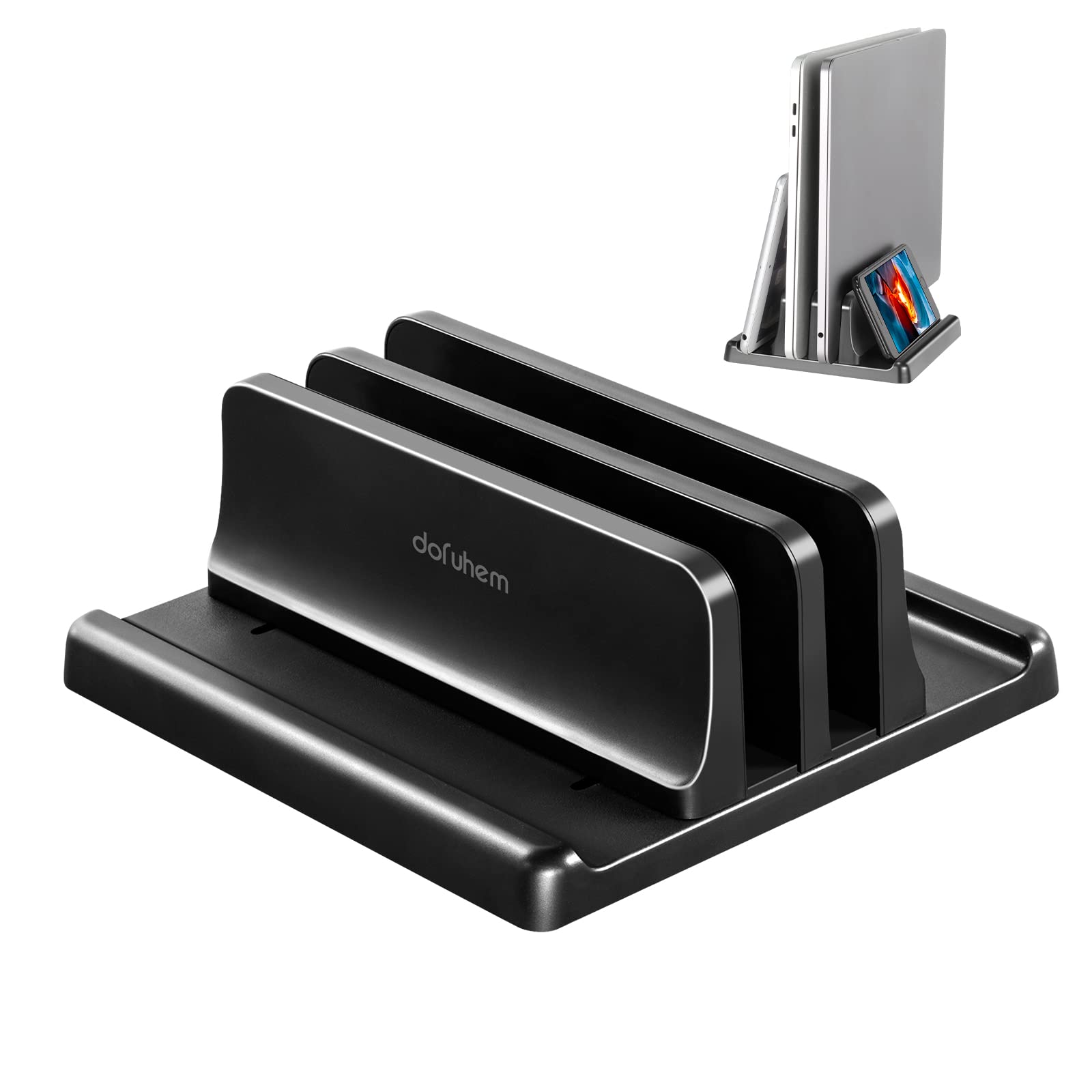 Dofuhem Dual-Slot Vertical Laptop Stand Holder Adjustable ABS Plastic Double Desktop Notebook Dock，Space-Saving for All MacBook/Surface/Samsung/HP/Dell/Chrome Book，Black