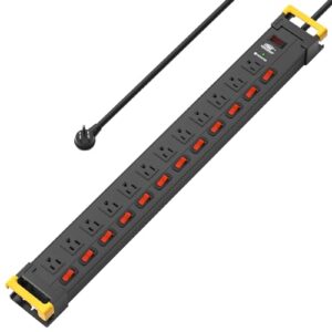 crst 12 outlet heavy duty power strip surge protector with individual switches, 15amp/1875w metal power strips with cord manager, 9ft, 1020j, for garage, workshop, shop, home black