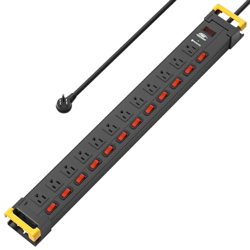 CRST 12 Outlet Heavy Duty Power Strip Surge Protector with Individual Switches, 15AMP/1875W Metal Power Strips with Cord Manager, 9FT, 1020J, for Garage, Workshop, Shop, Home Black