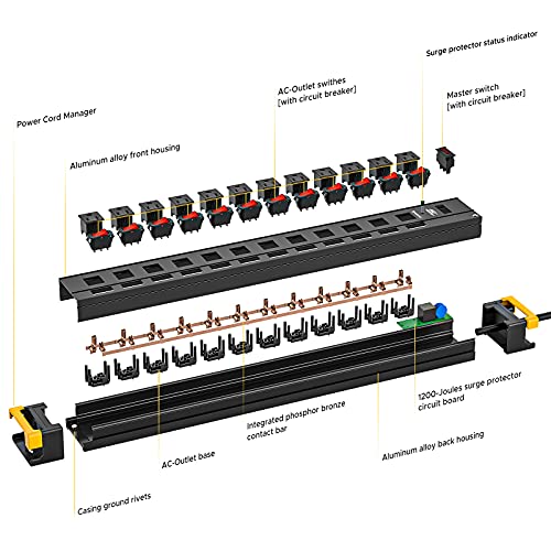 CRST 12 Outlet Heavy Duty Power Strip Surge Protector with Individual Switches, 15AMP/1875W Metal Power Strips with Cord Manager, 9FT, 1020J, for Garage, Workshop, Shop, Home Black