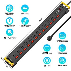 CRST 12 Outlet Heavy Duty Power Strip Surge Protector with Individual Switches, 15AMP/1875W Metal Power Strips with Cord Manager, 9FT, 1020J, for Garage, Workshop, Shop, Home Black