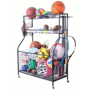 lhysn carbon steel sports equipment storage rack, 2 baskets, 2 lockable wheels guaranteed