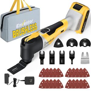 enventor cordless oscillating tool, 20v brushless oscillating multitool kit with 6 variable speed, 4° oscillation angle, 28 pcs accessories, fast charger oscillating saw for trimming, sanding, cutting