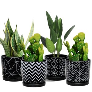 ton sin flower pots,5.5 inch black ceramic planter with drainage hole,indoor cylinder plant pots with saucer,cactus succulent outdoor garden pots set of 4