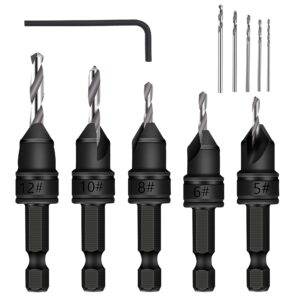 mulwark 82° countersink drill bit set incl. 5pcs free replaceable hss drill bits for wood｜3/8" quick-change -chamfered adjustable drilling tool kit on pilot counter sink holes for woodworking- 5 pack