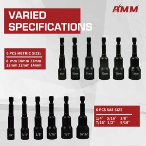 AMM 12-Piece Magnetic Nut Driver Set，1/4" Hex Shank Power Driver Bit Set，Metric(8-14mm) and SAE(1/4-inch - 9/16-inch) ，Cr-v Steel