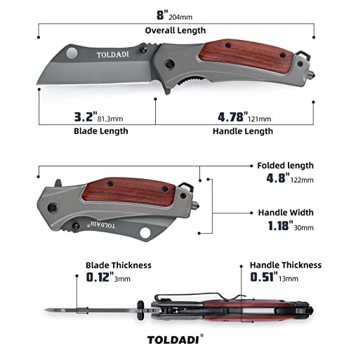 Toldadi Spring Assisted Pocket Knife for Men, 3.2 in Blade Folding Cleaver Pocket Knife With Liner Lock, Edc Camping Knife Gifts for Men Father Husband