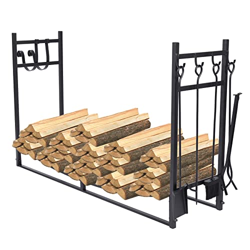 REDCAMP 4ft Firewood Rack with Kindling Holder and Tool Set, Heavy Duty Steel, Black