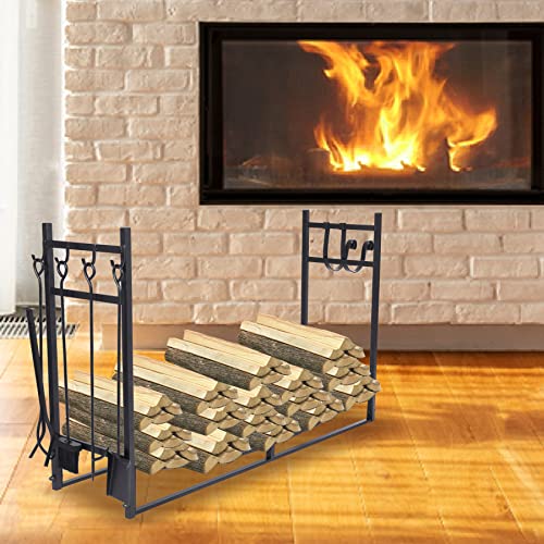 REDCAMP 4ft Firewood Rack with Kindling Holder and Tool Set, Heavy Duty Steel, Black