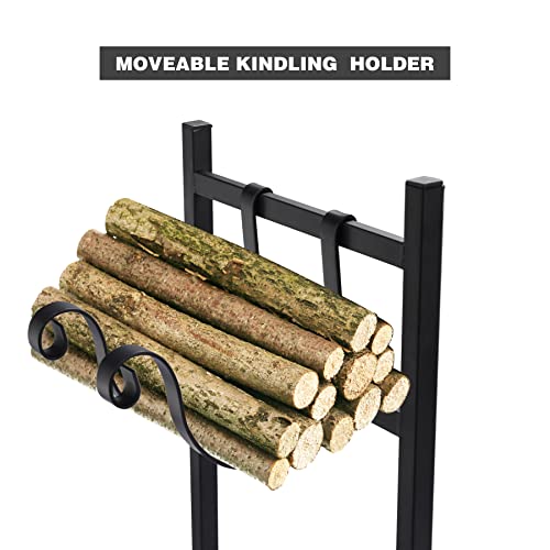 REDCAMP 4ft Firewood Rack with Kindling Holder and Tool Set, Heavy Duty Steel, Black