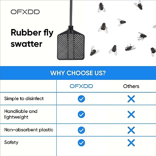 OFXDD Rubber Fly Swatter, Long Fly Swatter Pack, Fly Swatter Heavy Duty, All Black Color (5 Pack)