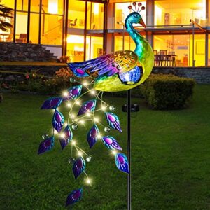dreamsoul solar garden lights outdoor, metal peacock decor solar lights garden stakes with led string lights, waterproof crackle glass ball landscape path light for lawn patio yard garden decorations
