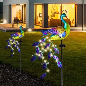 DREAMSOUL Solar Garden Lights Outdoor, Metal Peacock Decor Solar Lights Garden Stakes with Led String Lights, Waterproof Crackle Glass Ball Landscape Path Light for Lawn Patio Yard Garden Decorations