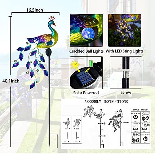 DREAMSOUL Solar Garden Lights Outdoor, Metal Peacock Decor Solar Lights Garden Stakes with Led String Lights, Waterproof Crackle Glass Ball Landscape Path Light for Lawn Patio Yard Garden Decorations