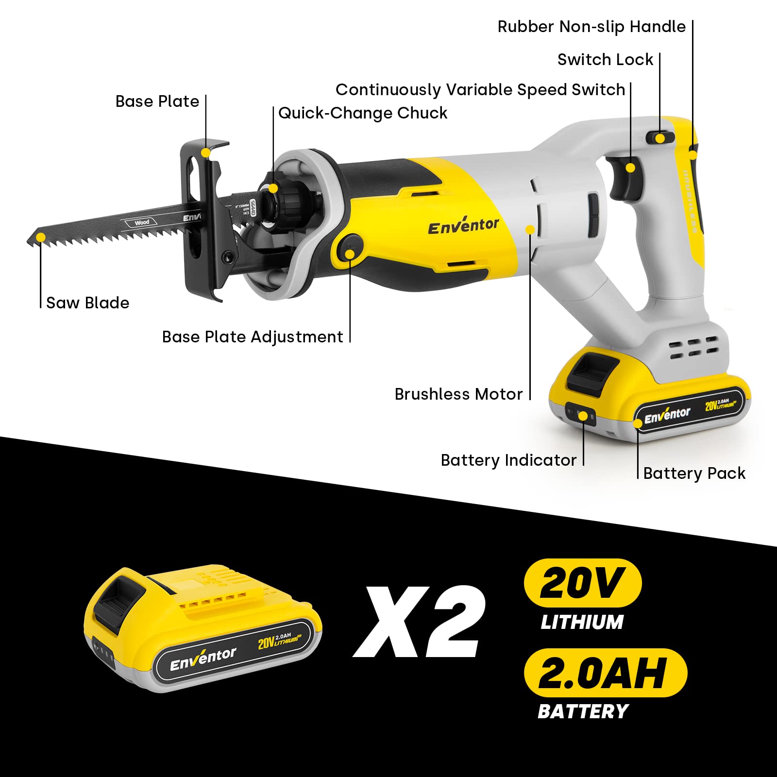 ENVENTOR 20V Cordless Reciprocating Saw with 2 Packs 2.0Ah Batteries, Brushless Motor, 0-3000 SPM Variable Speed, Fast Charger, Tool-Free Blade Change, 5 Saw Blades for Wood, Metal, Plastic Cutting