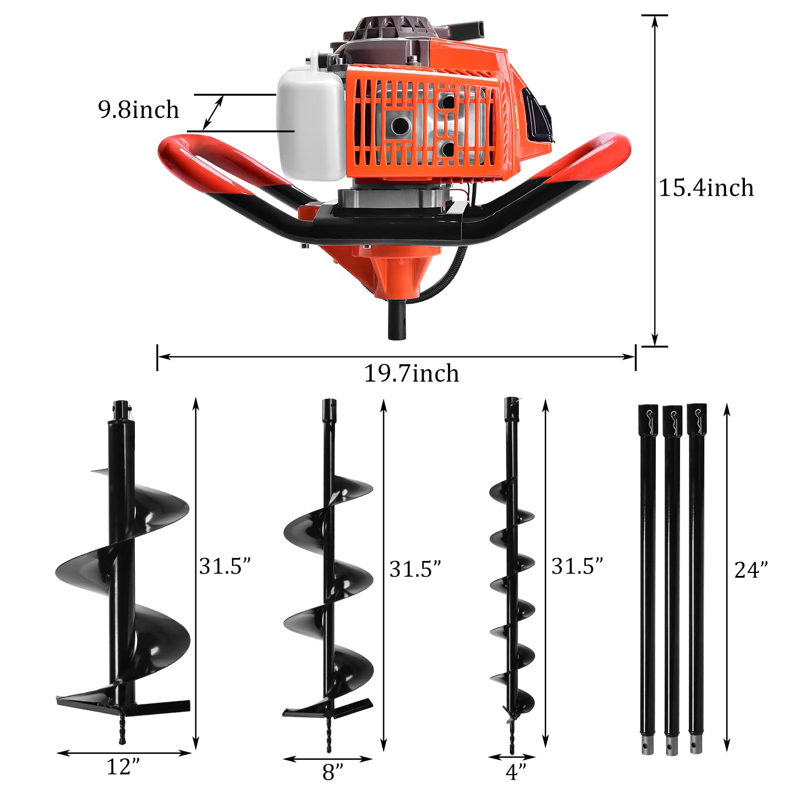 72cc Auger Post Hole Digger - wuyule 3KW 2 Stroke Gas Powered Post Hole Digger for Drill, Earthquake Auger Kit with 3 Extension Rods 3 Auger Bits(4" & 8" & 12")