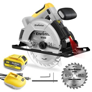 cordless circular saw, enventor 20v 6-1/2" 4800rpm brushless cordless circular saw with 4.0ah lithium battery and rapid charger, laser guide, skill saw max cutting depth 2.24" (90°), 1.69" (45°)