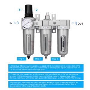 NANPU 3/4" NPT Industrial Grade 3 Stage Air Drying System - Particulate Filter, Coalescing Filter, Desiccant Dryer & Air Regulator, Metal Bowl, Auto Drain, Suitable for Paint Spray＆ Plasma Cutter