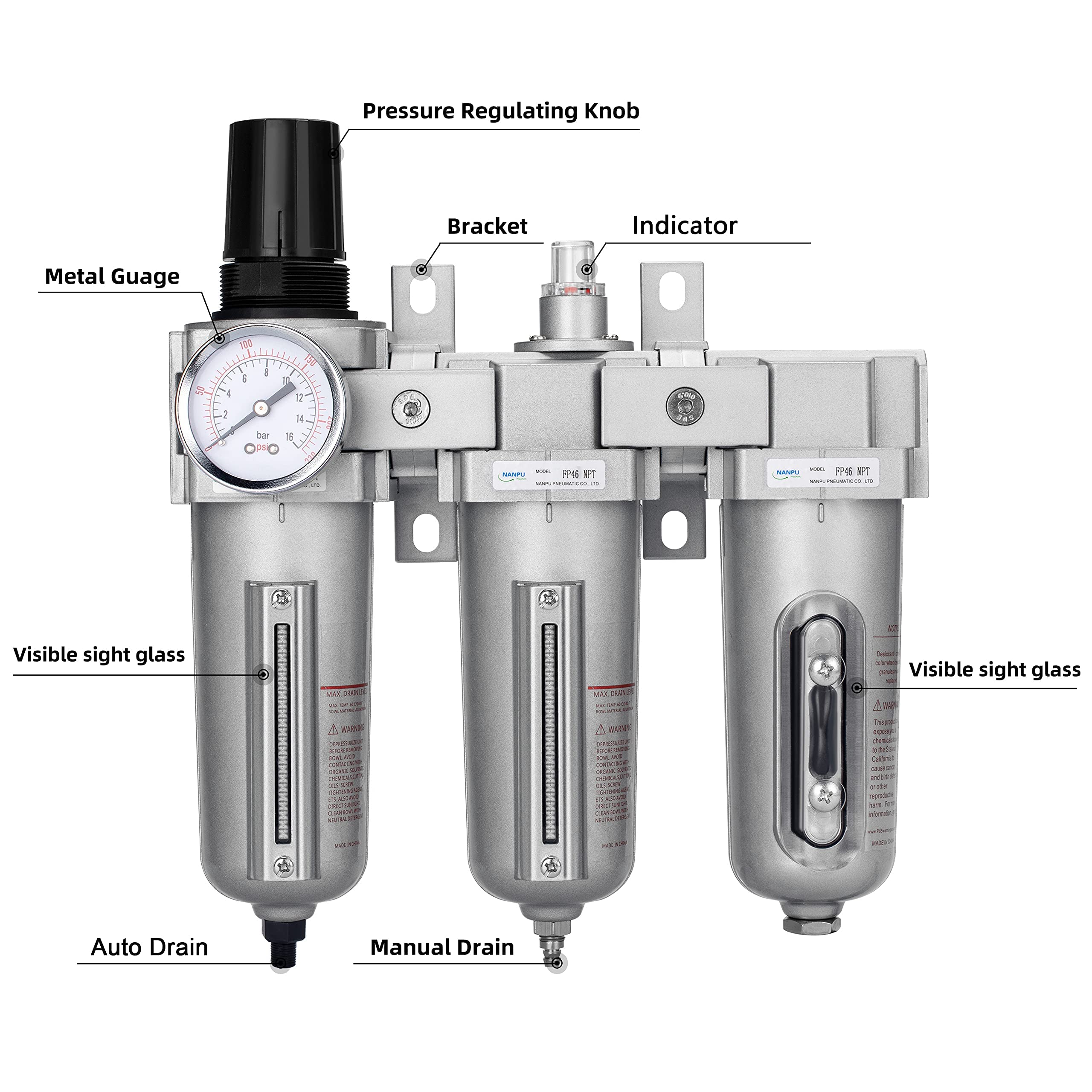 NANPU 3/4" NPT Industrial Grade 3 Stage Air Drying System - Particulate Filter, Coalescing Filter, Desiccant Dryer & Air Regulator, Metal Bowl, Auto Drain, Suitable for Paint Spray＆ Plasma Cutter