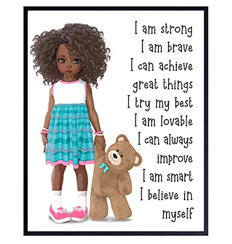 African American Girl Positive Affirmations - Black Wall Art - African American Wall Art - Little Girls Bedroom - Inspirational Sayings for Wall Decor - Positive Quotes Wall Decor - Toddler Girls Room