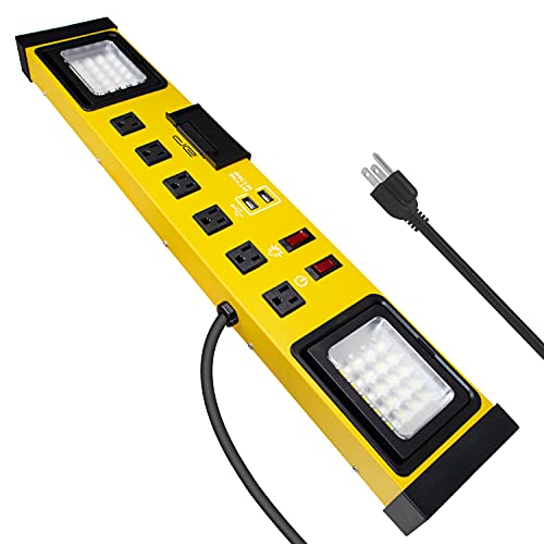 Digital Energy 6 Outlet Heavy Duty Workshop Surge Protector Power Strip with Lighting - AC 15A 125V 60Hz 1875W SJT 14AWG/3C - 2 USB Ports DC 5V 3.4A - 2 LED Lamps 500 Lumen 20W - 25 FT