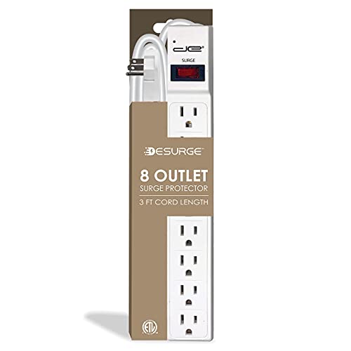 Digital Energy 8 Outlet Surge Protector Power Strip Power Strip - 15 AMP, 1875 W, 125 V, 350 J Surge Protection, ETL Listed - Flat Plug, White, 3 FT