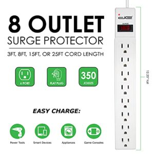 Digital Energy 8 Outlet Surge Protector Power Strip Power Strip - 15 AMP, 1875 W, 125 V, 350 J Surge Protection, ETL Listed - Flat Plug, White, 3 FT